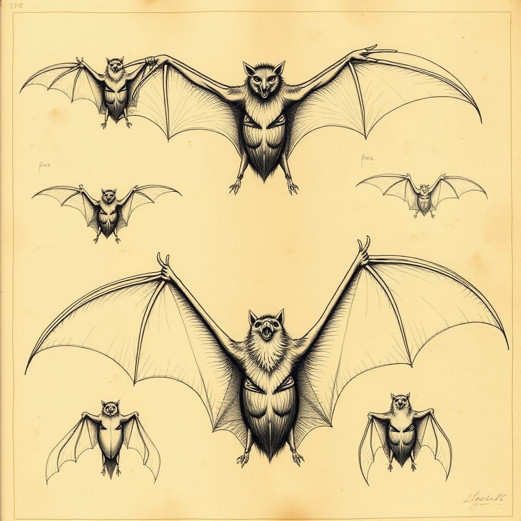 sketch sheet of anatomical studies by Leonardo da Vinci of vampire bats and wings, show detailed studies of wing and bod...