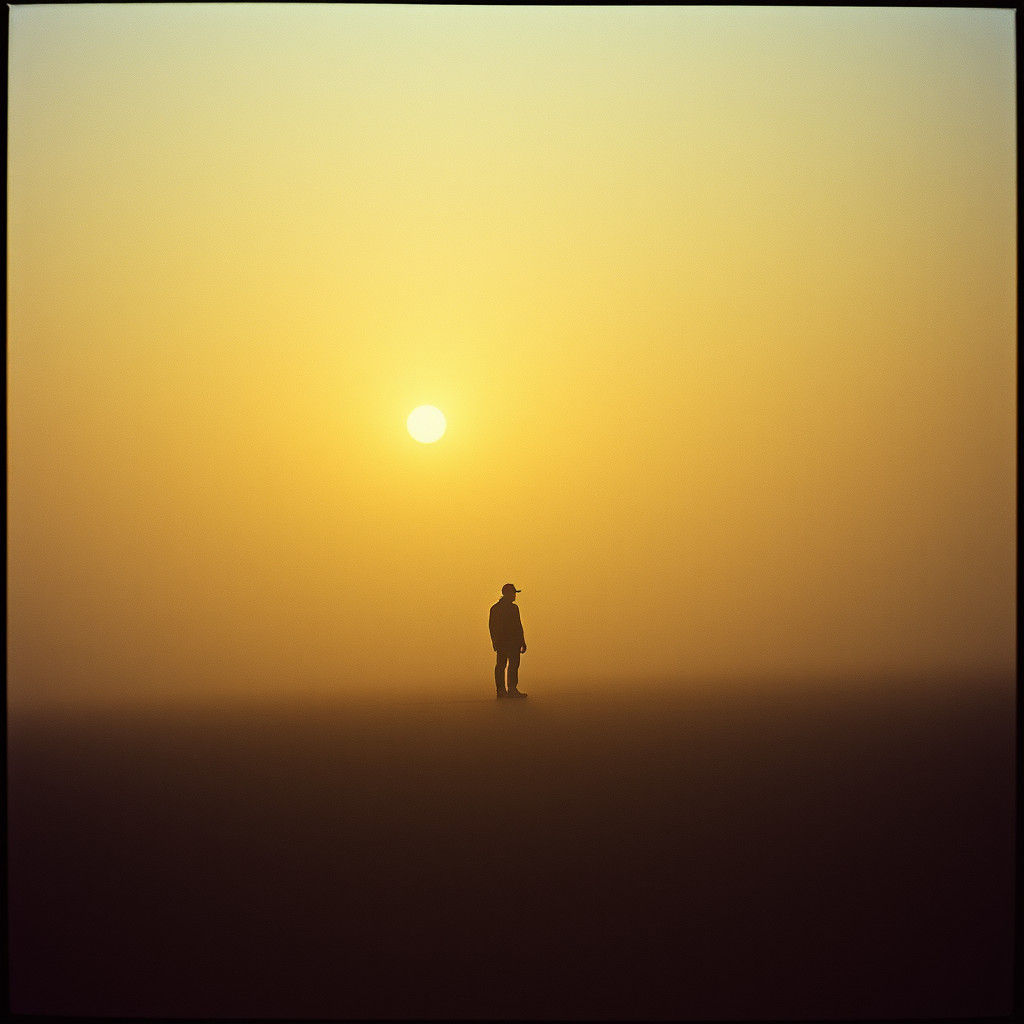 Solitary Figure in Mist-Shrouded Landscape at Sunset