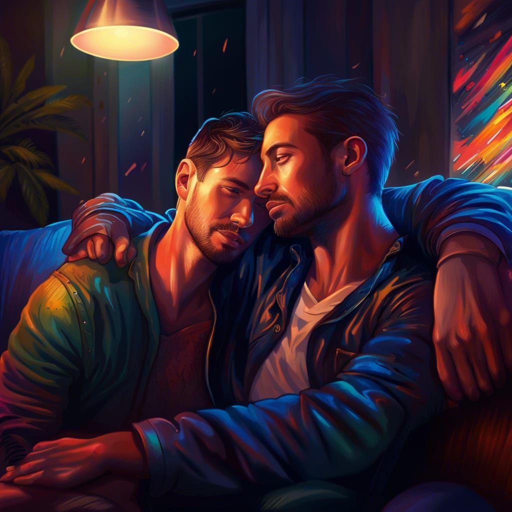 Romantic Night: Male Couple's Embrace in Living Room