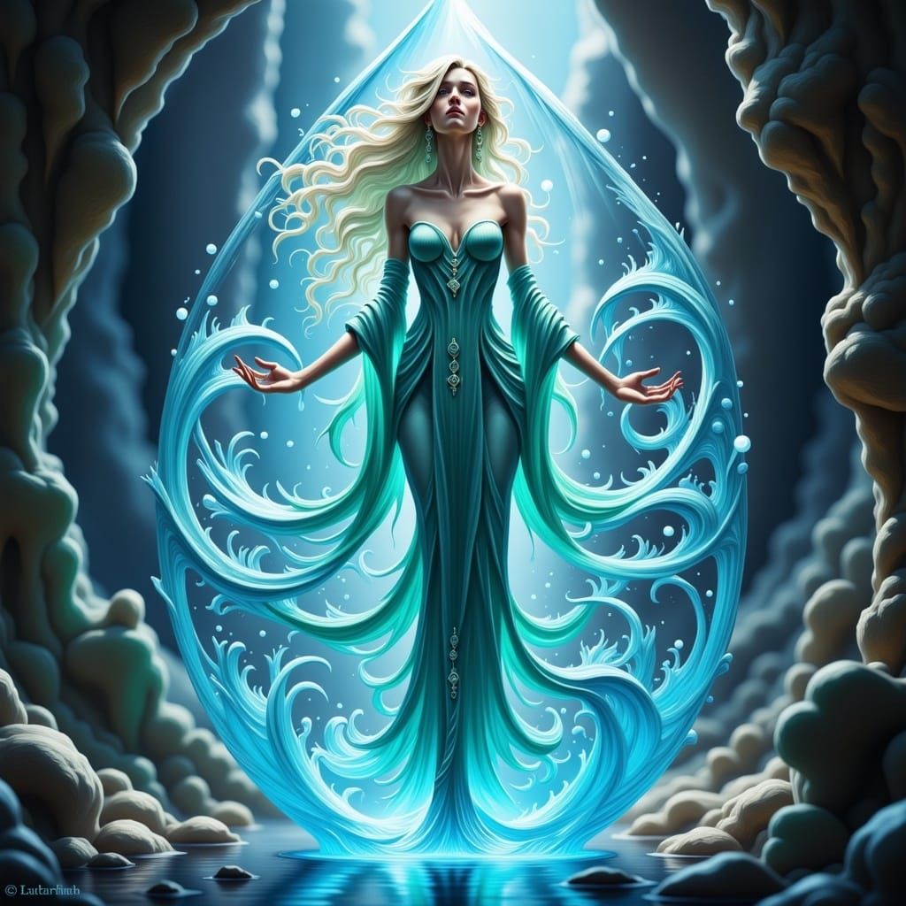 Surreal Water Goddess Inside a Glowing Droplet