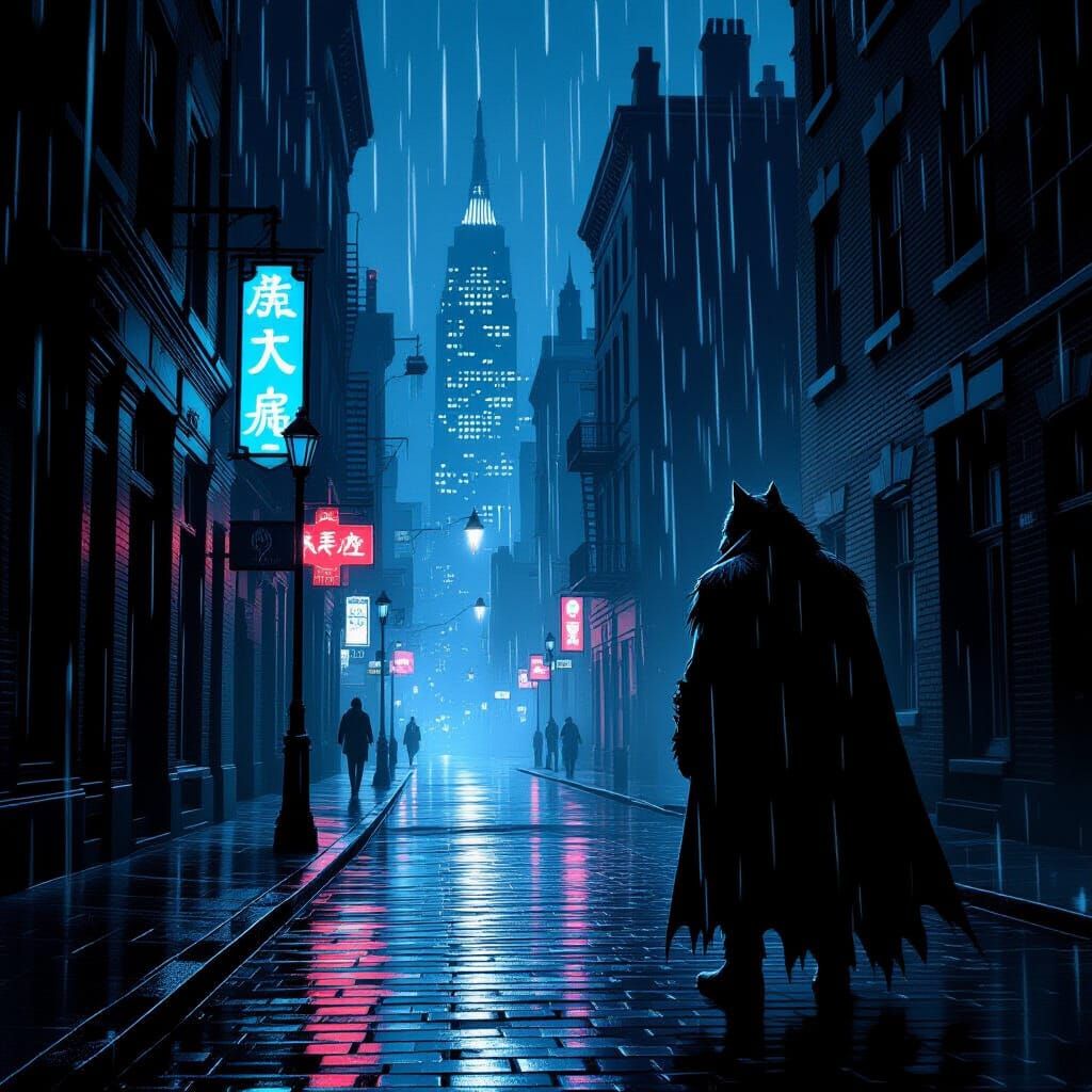 Werewolf Watches Over Shadowy Gotham in Dark Fantasy Style