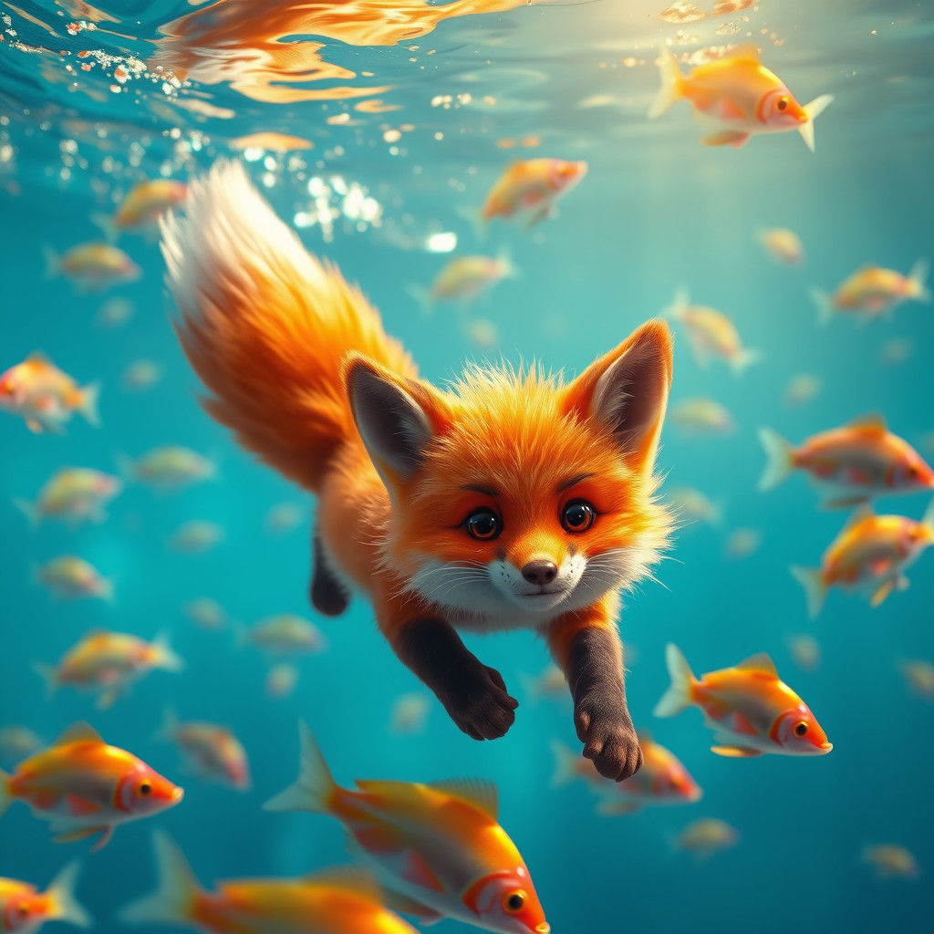 Playful Fox Swimming in Shimmering Water