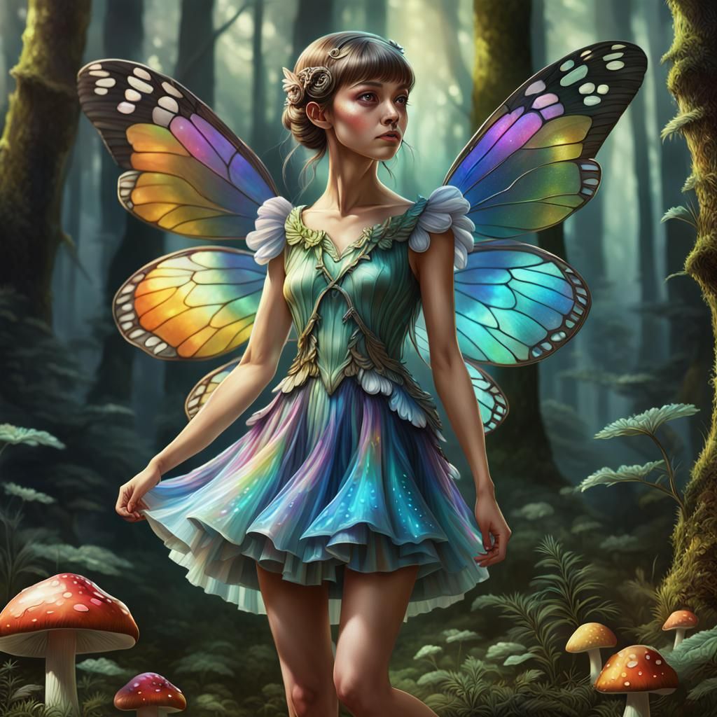 Beautiful Fairy with Iridescent Wings in Forest