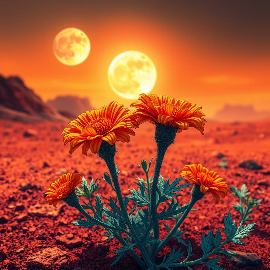 Hyper-Detailed Marigold Blooms Thrive on Rust-Red Mars with ...