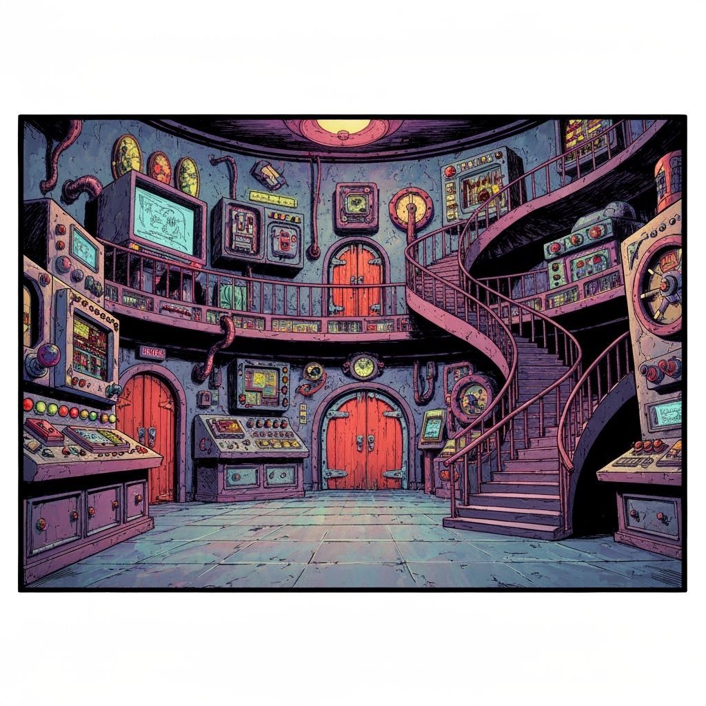 1960s Comic Villain HQ with Oversized Gadgets