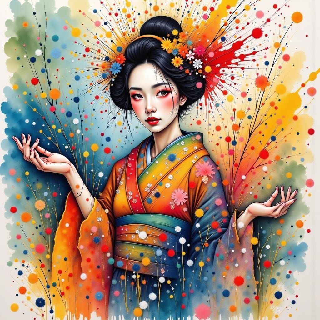 Vibrant Geisha in Ink Splashes, Haiku Art