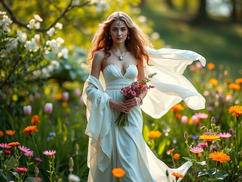 Vibrant Goddess of Springtime in a Field of Wildflowers