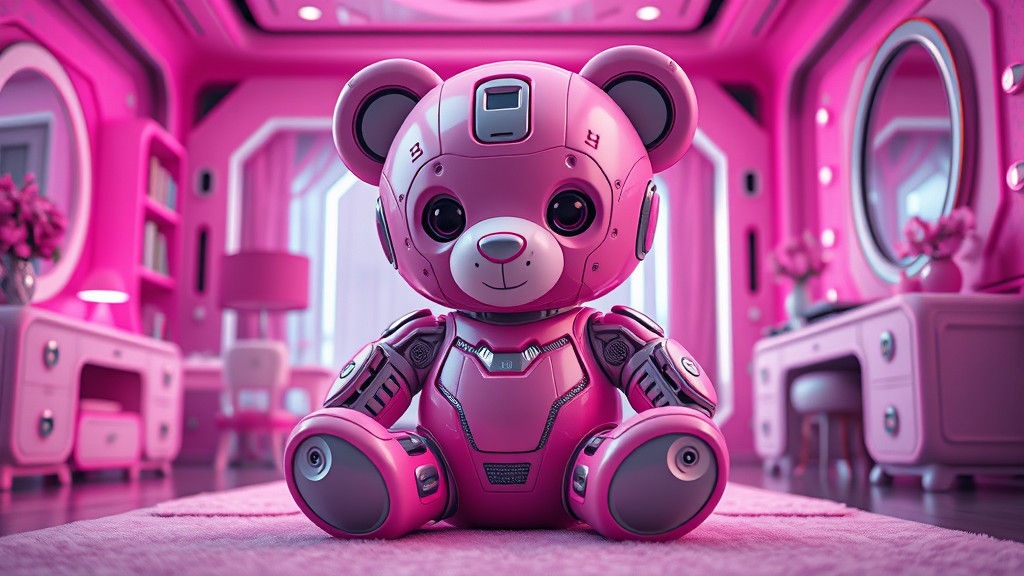 Adorable Pink Robot Teddy Bear in Sci-Fi Room
