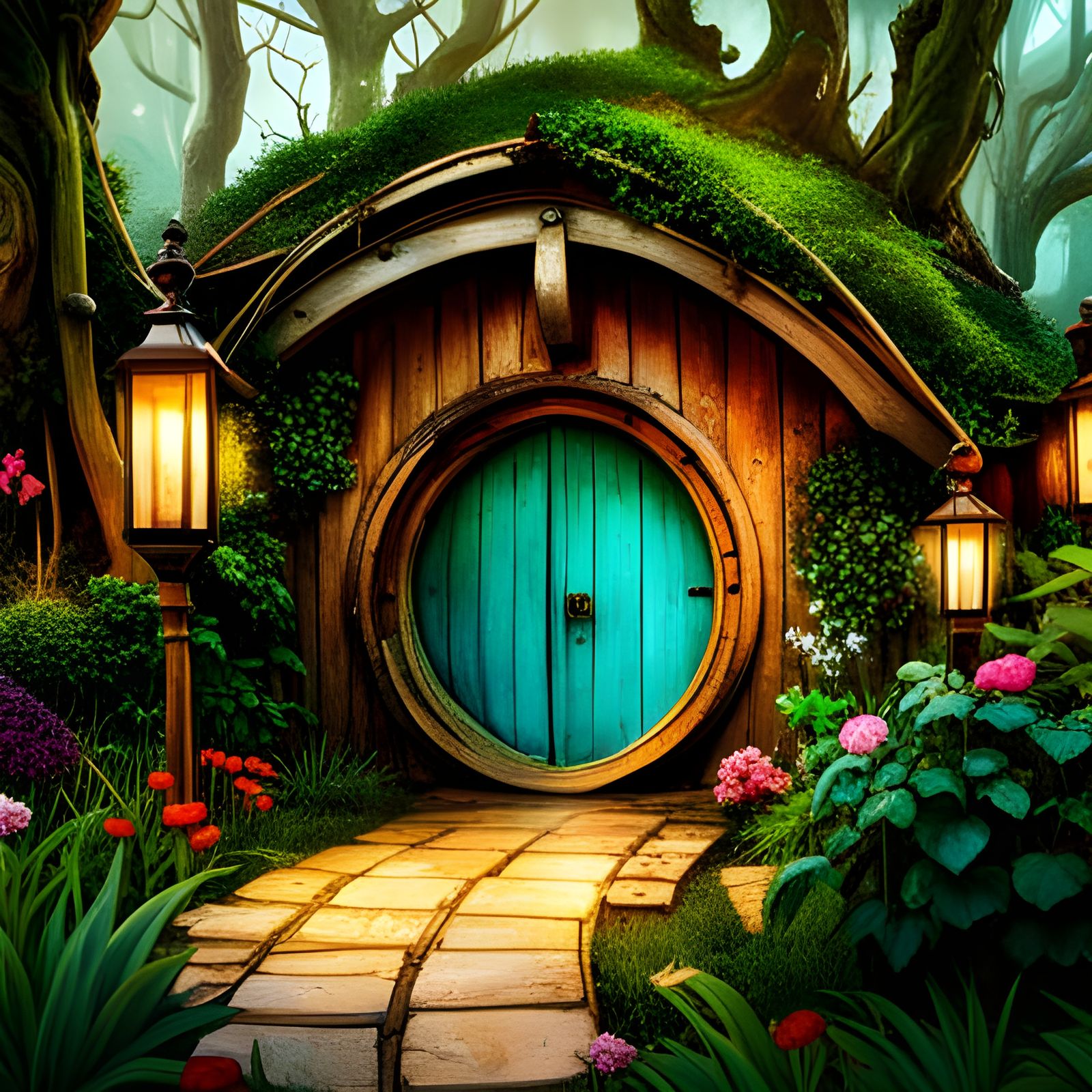 Hobbit House with Evening Lamps