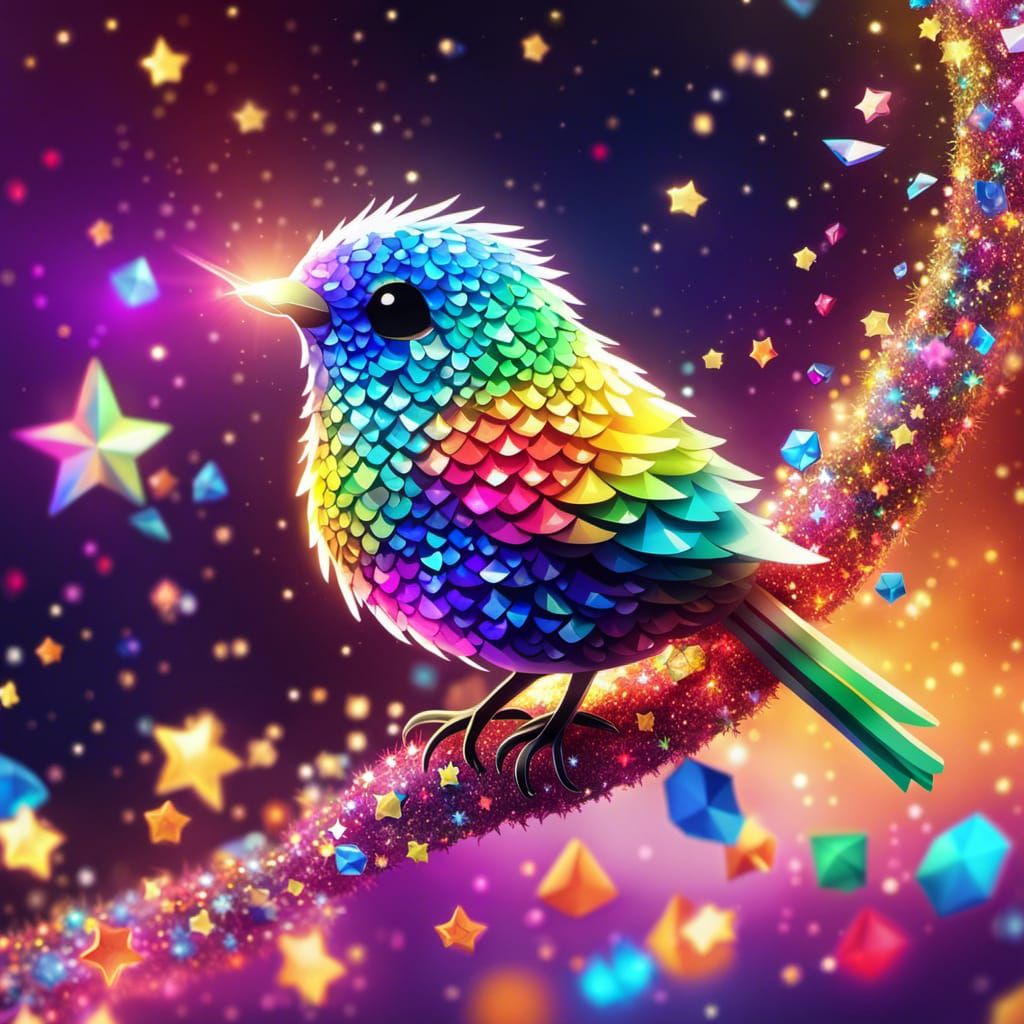 Sparkling Origami Bird on Rainbow Star Branch