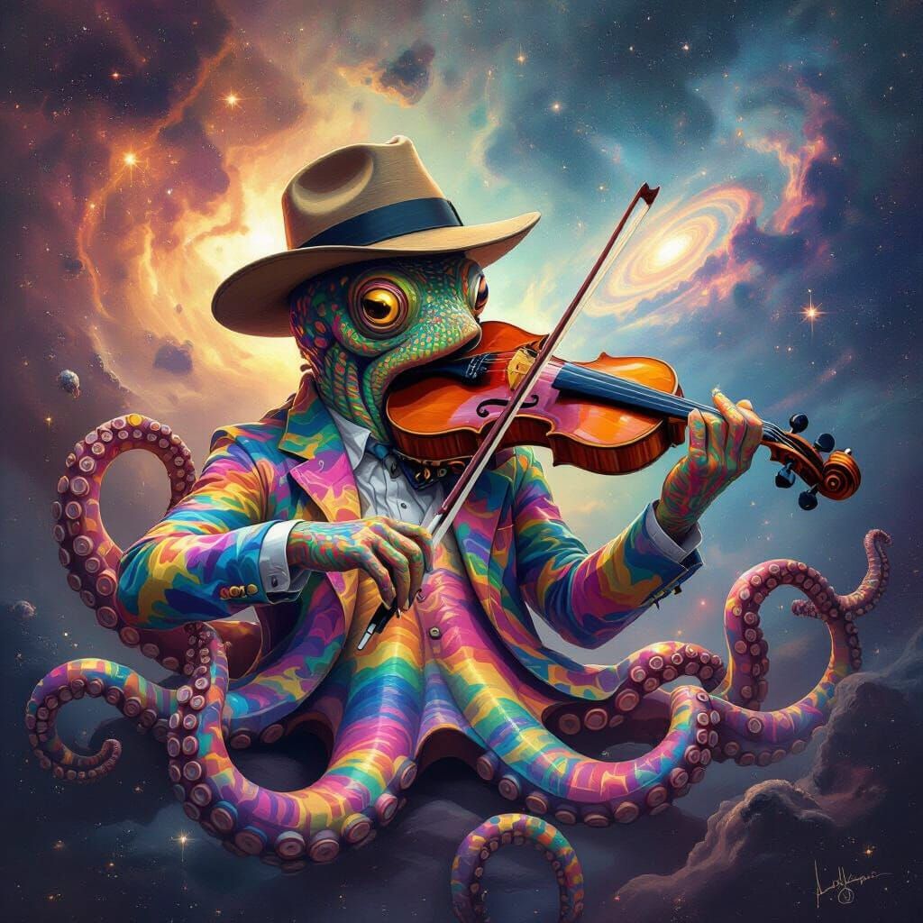 Tie-Dye Octopus Plays Violin in Cosmic Space
