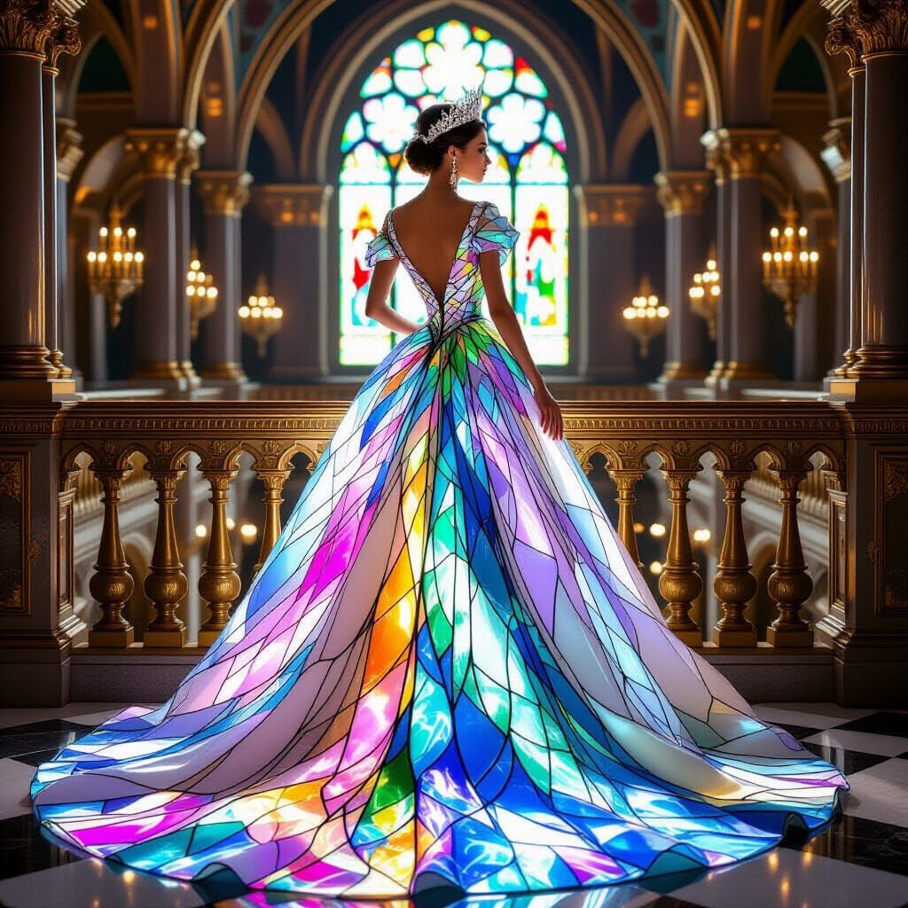 Queen in Iridescent Blown Glass Gown Overlooking Ballroom