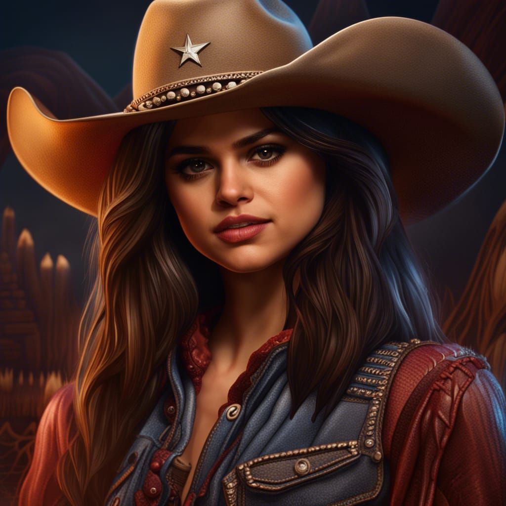 Photorealistic Portrait of Selena Gomez as Cowgirl