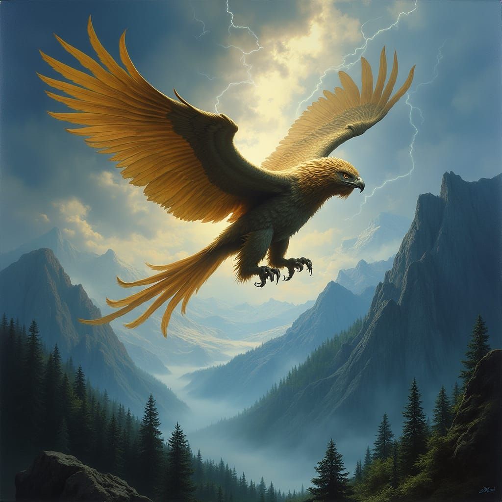 Epic Fantasy Griffin soars through a Stormy Sky in Classical...