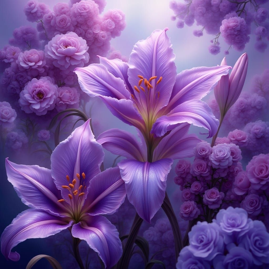 Shimmering Holographic Floral Wonders in Lilac and Purple