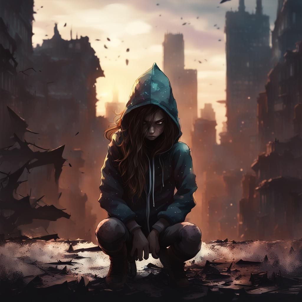 Watercolor Silhouette: Crying Villain Girl in Ruined City