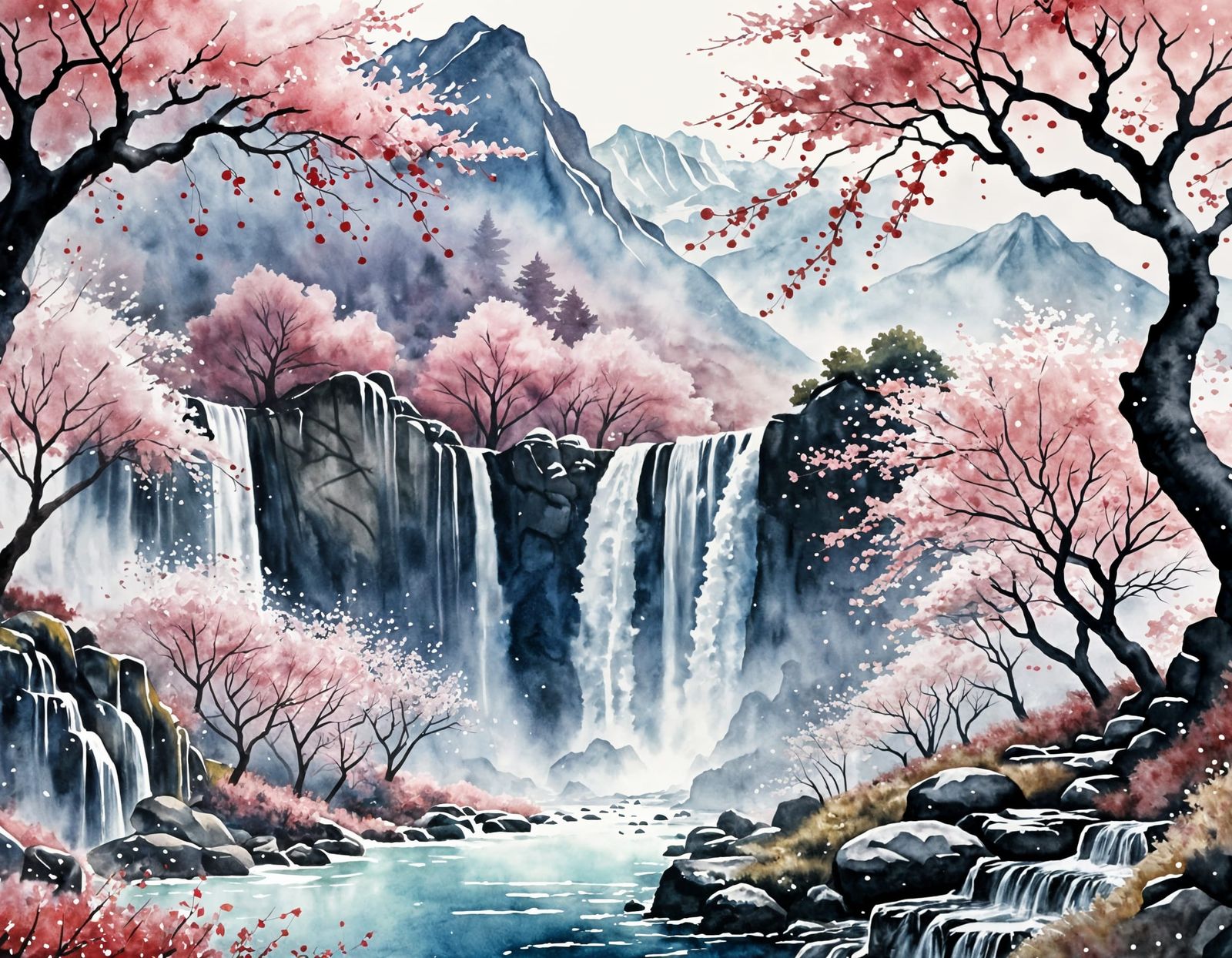 Watercolor Misty Mountains with Cherry Blossoms