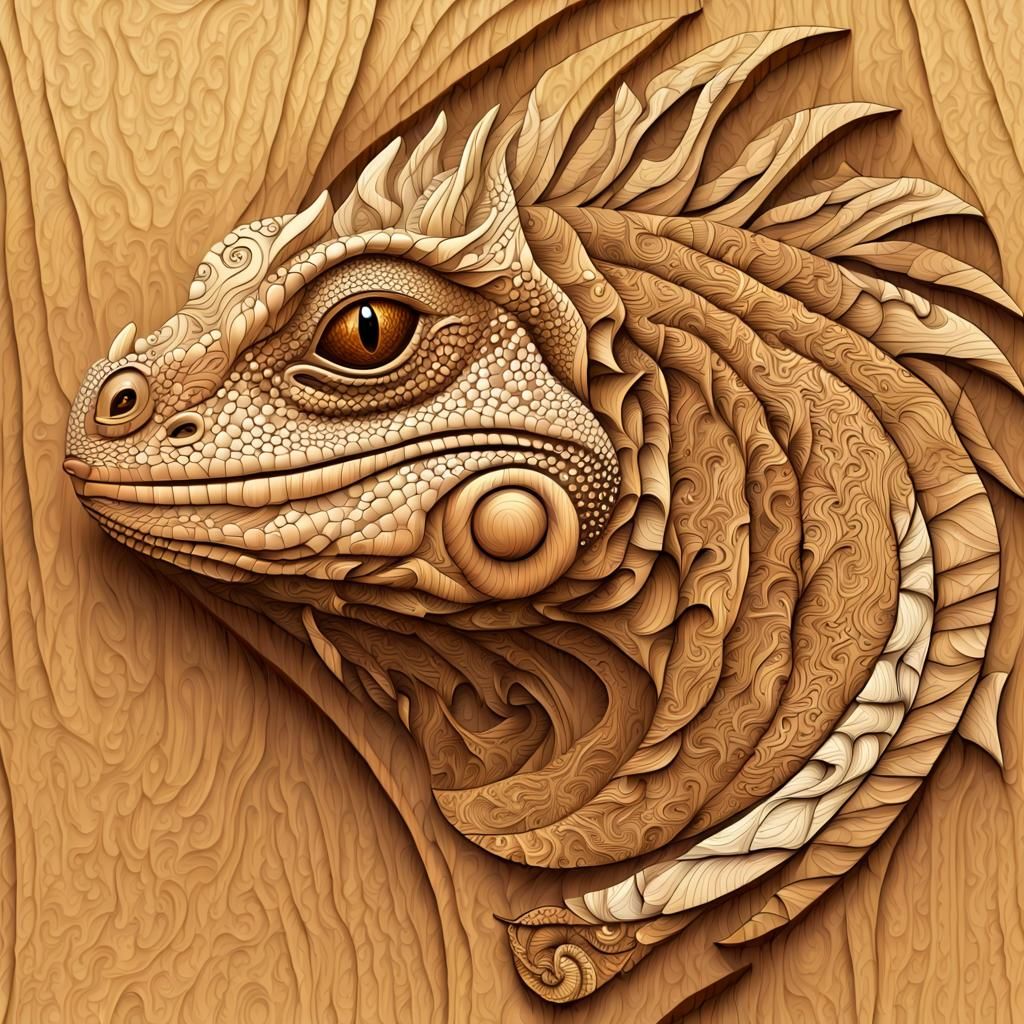 Carved Wooden Iguana Head on Zentangle Background