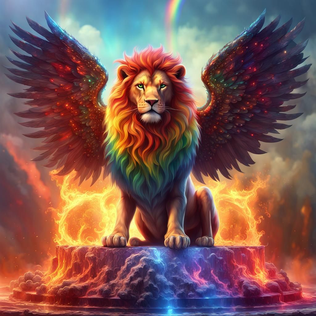 Rainbow Lion with Wings on Crystal Platform