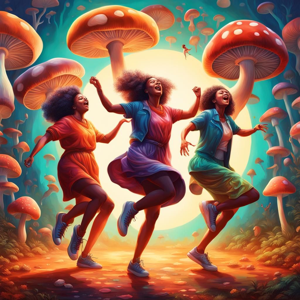 Mushroom Women Dancing: Hyperrealistic Splash Art