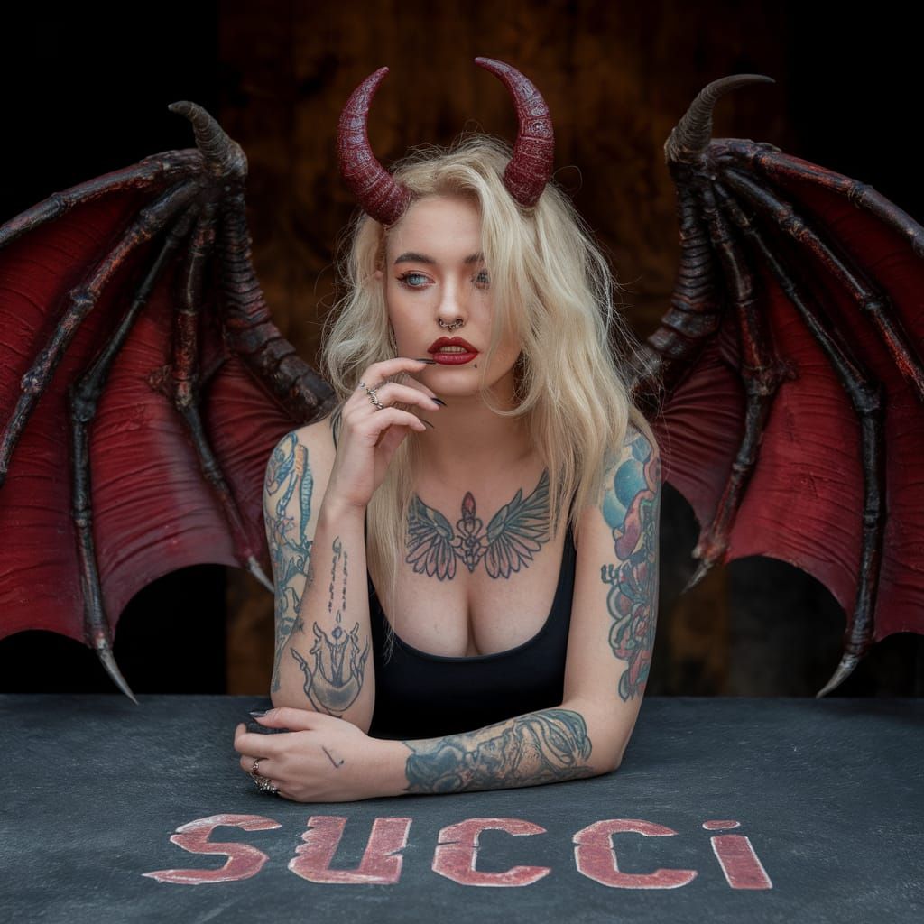Blonde Demon with Horns, Wings and Tattoos