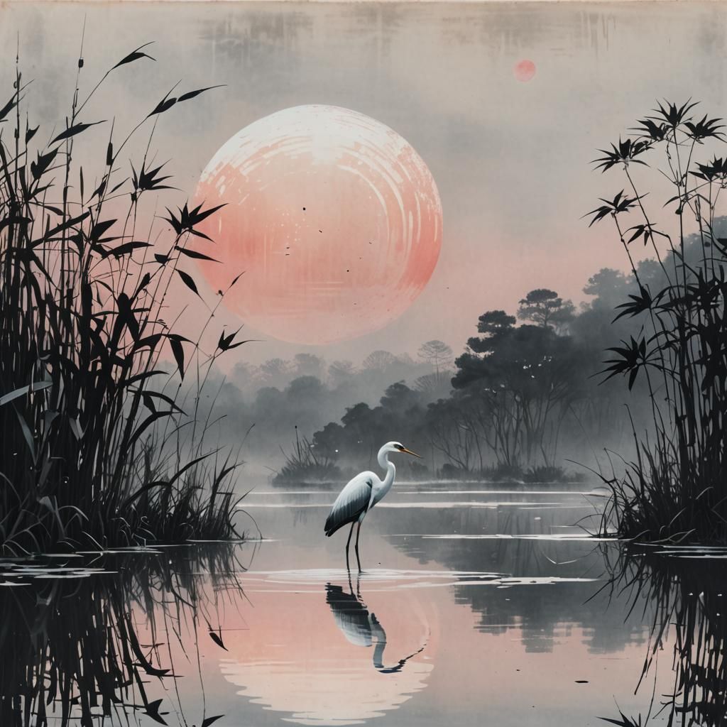 Serene Heron in Pastel Sunset: Chinese Painting Style