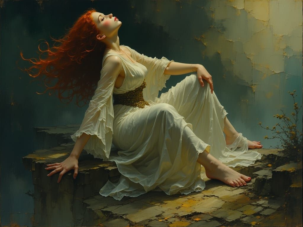 Dark Fantasy Woman Reaching Skyward in Ethereal Light