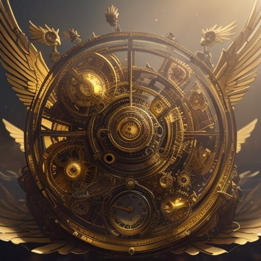 Steampunk Dreamscape with Mechanical Creatures in Golden Lig...