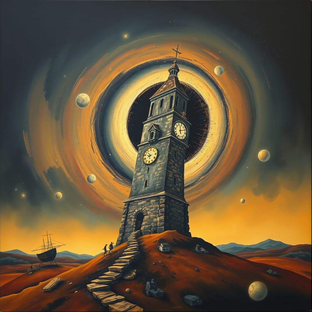 Timeless Surrealism: Black Hole Consumes Clock Tower