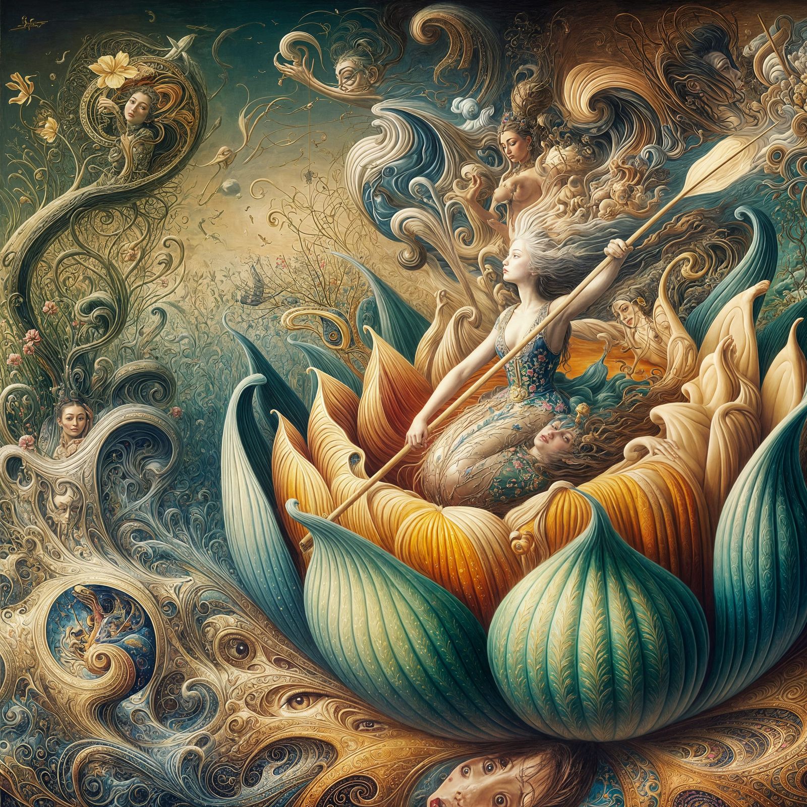 Enchantress Navigating Flower Bud in Surreal Oil Painting