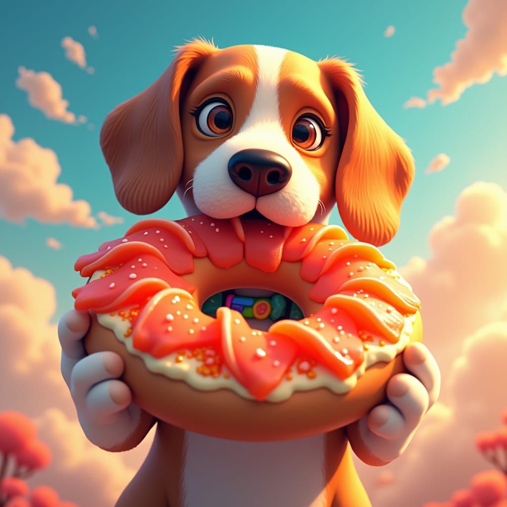 Beagle Devouring Bagel in Dreamlike Setting