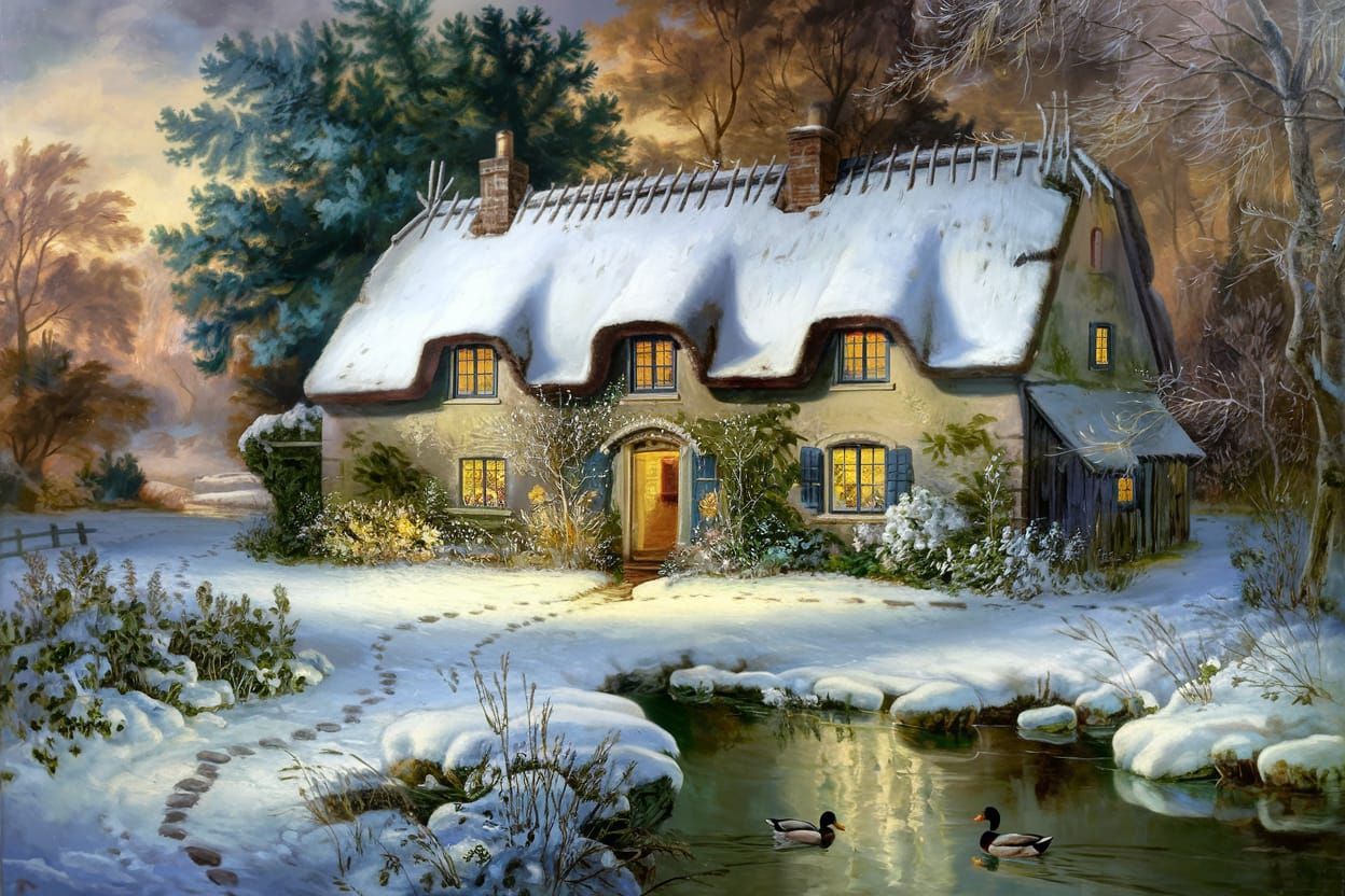 Winter Idyll with Thatched Cottage by River