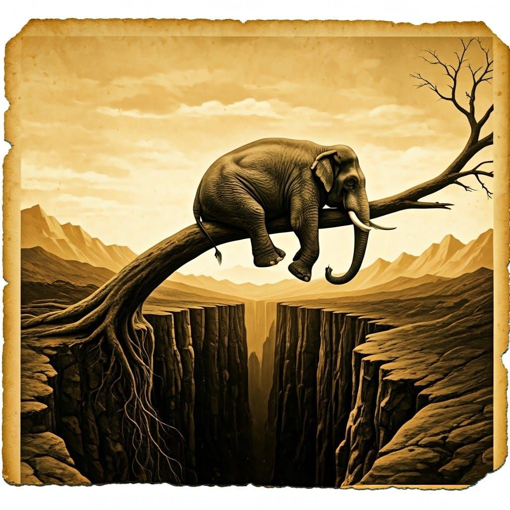 an old fat elephant sleeping, sitting on a long thin branch ...