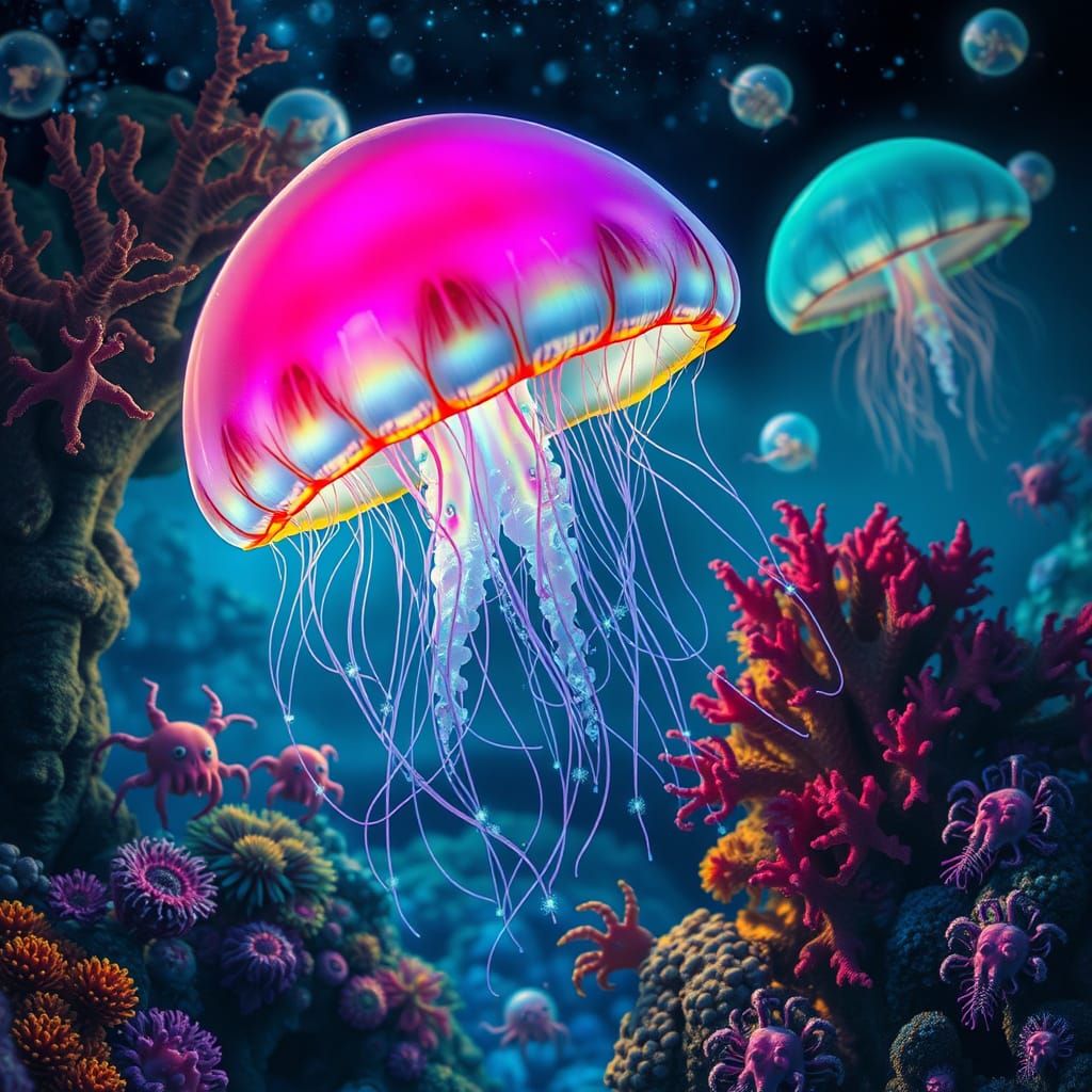Bioluminescent Jellyfish Drifting Through Alien Coral Reef