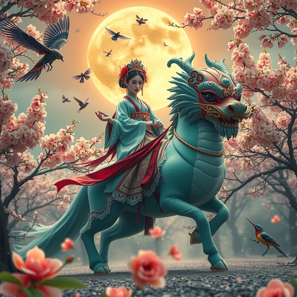 Geisha Rides Qilin Through Cherry Blossom Orchard