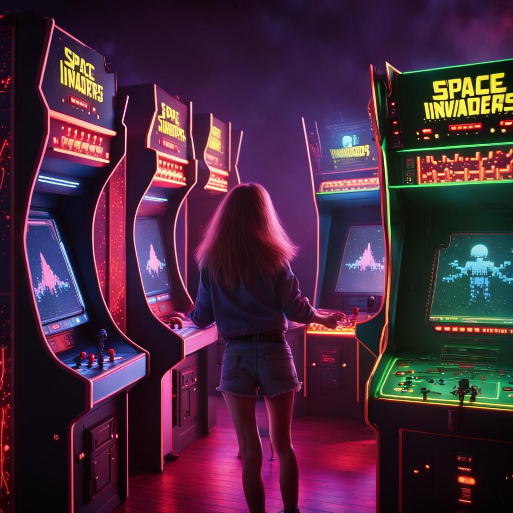 Girl Plays Space Invaders Arcade Game