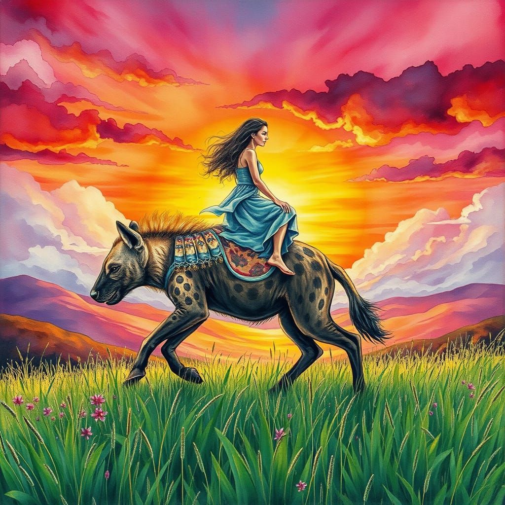 Woman Rides Hyena in Alcohol Ink Landscape