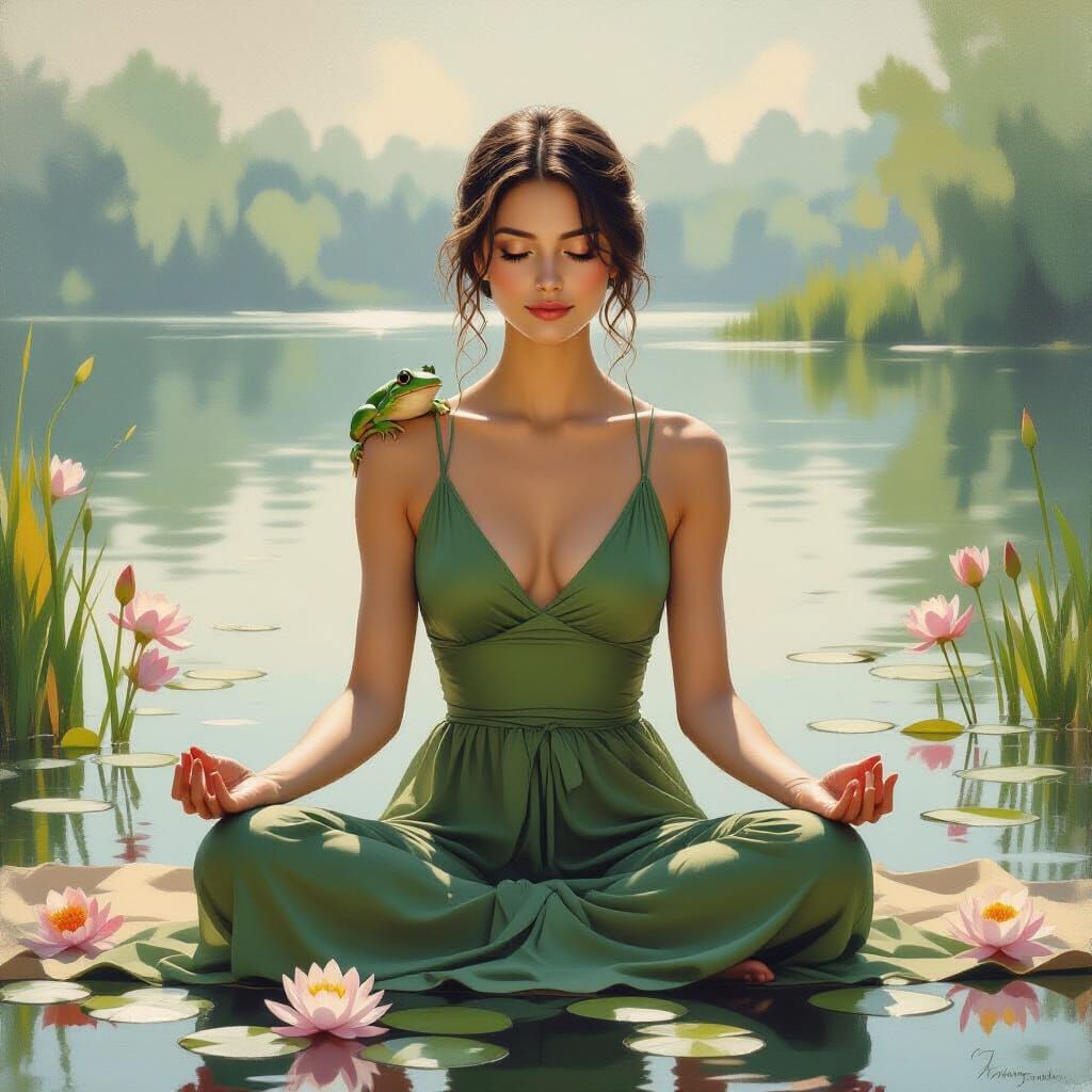 Serene Woman Meditating Lakeside in Painterly Oil Style