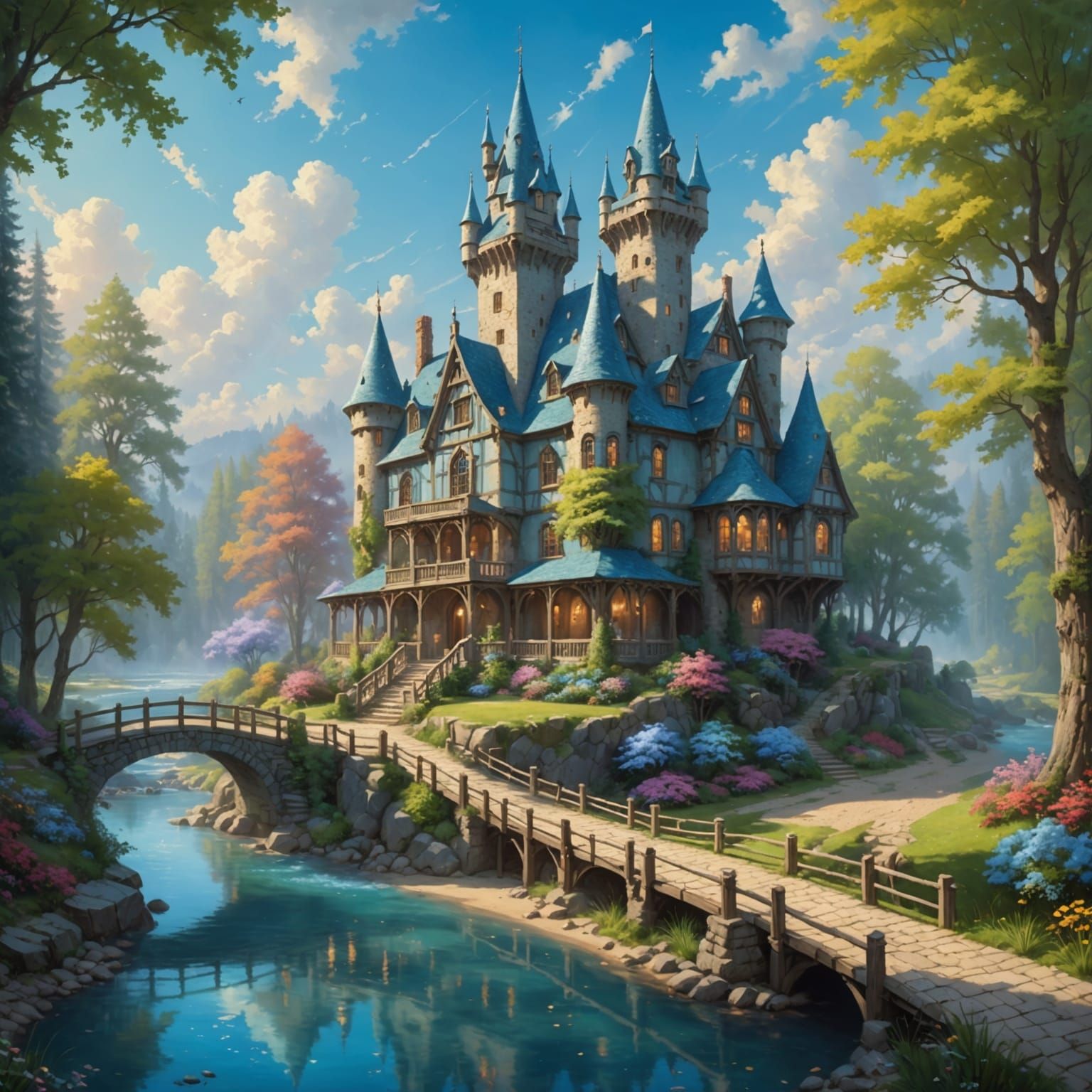 Ethereal Wooden Castle in Whimsical Forest Wonderland