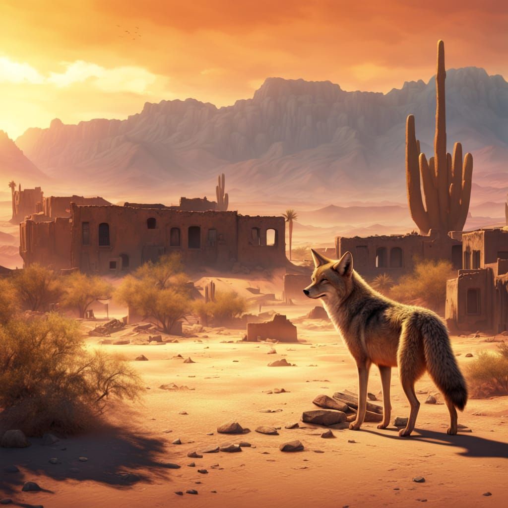 Coyote Howls in Desert Town at Sunset