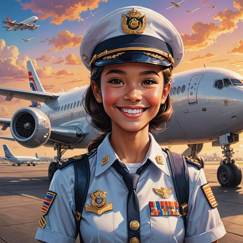 Smiling Indonesian Pilot Officer in Storybook Style
