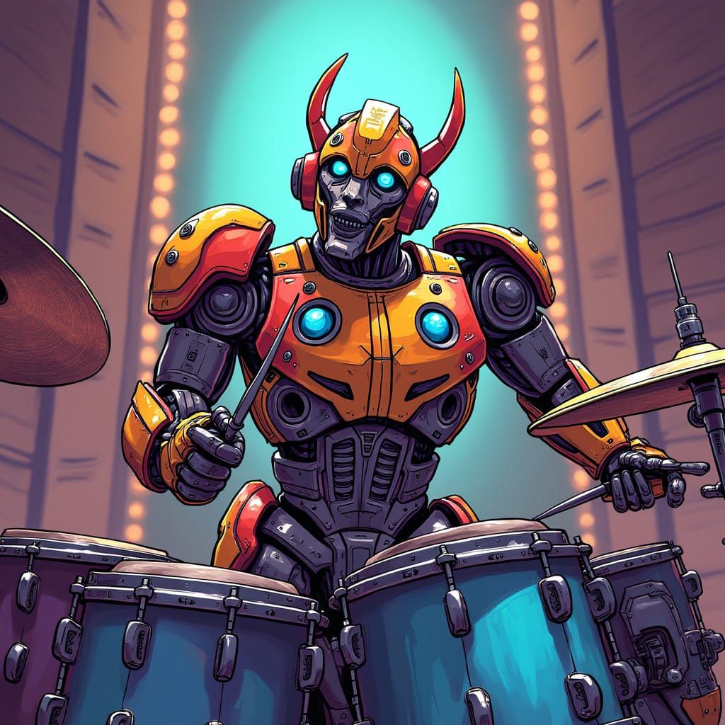 Cyberpunk Robot Drummer in Futuristic Cartoon Art