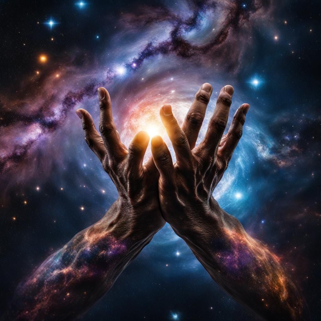 Hands of God Holding Earth in Galaxy