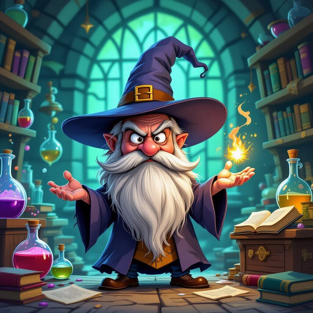 Grumpy Wizard Casting Tiny Spell in Magical Lab