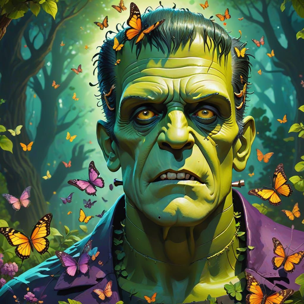 Frankenstein in Garden with Butterflies: Digital Art