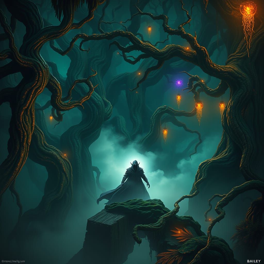 Mystical Figure in Emerald Realm