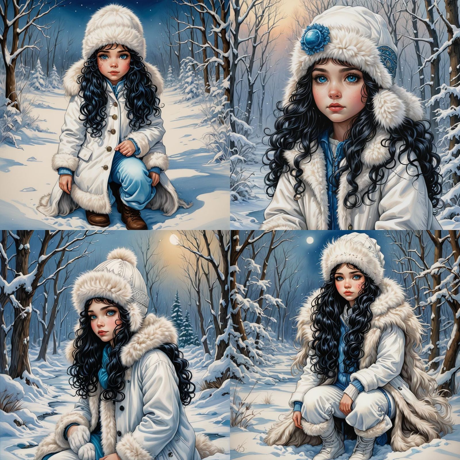 Cartoon Girl in Winter, Colored Pencil Drawing