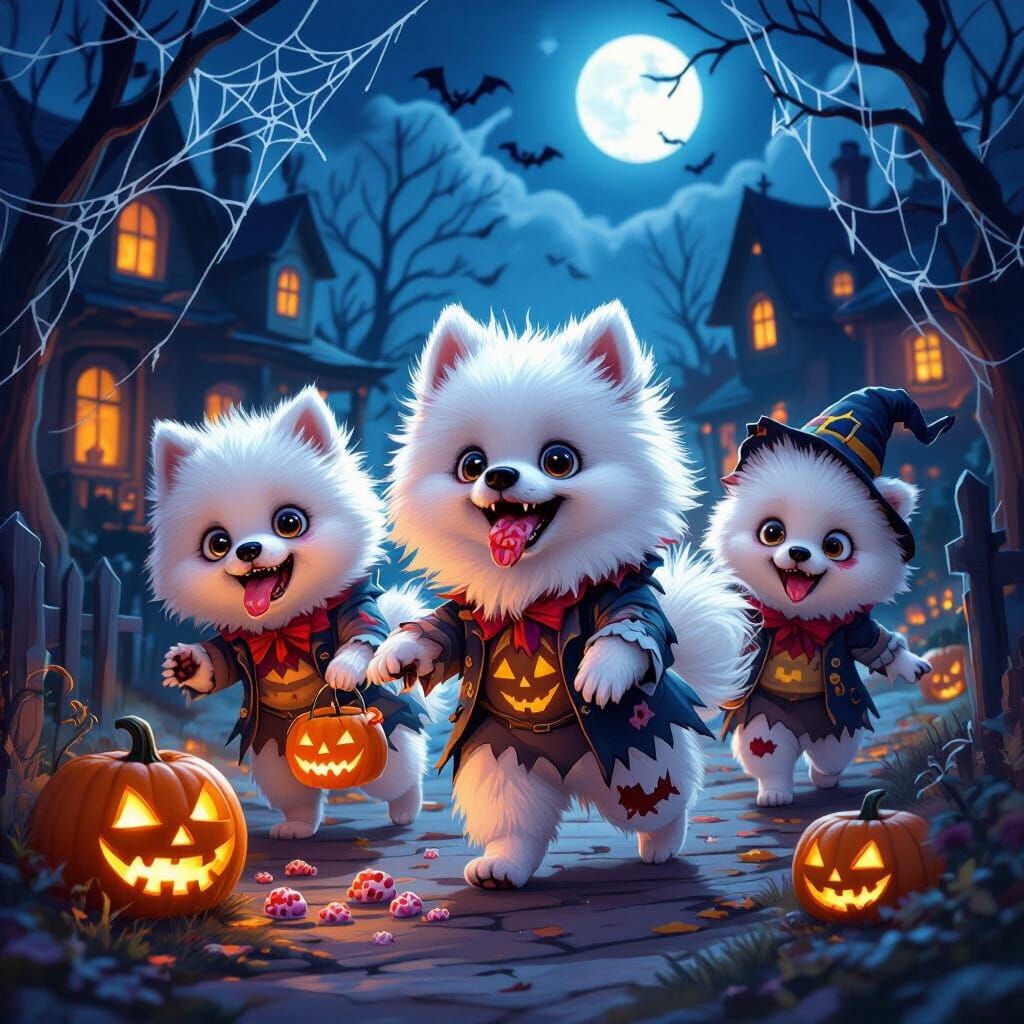 Playful Pomeranian Zombies Trick-or-Treating on Halloween Ni...