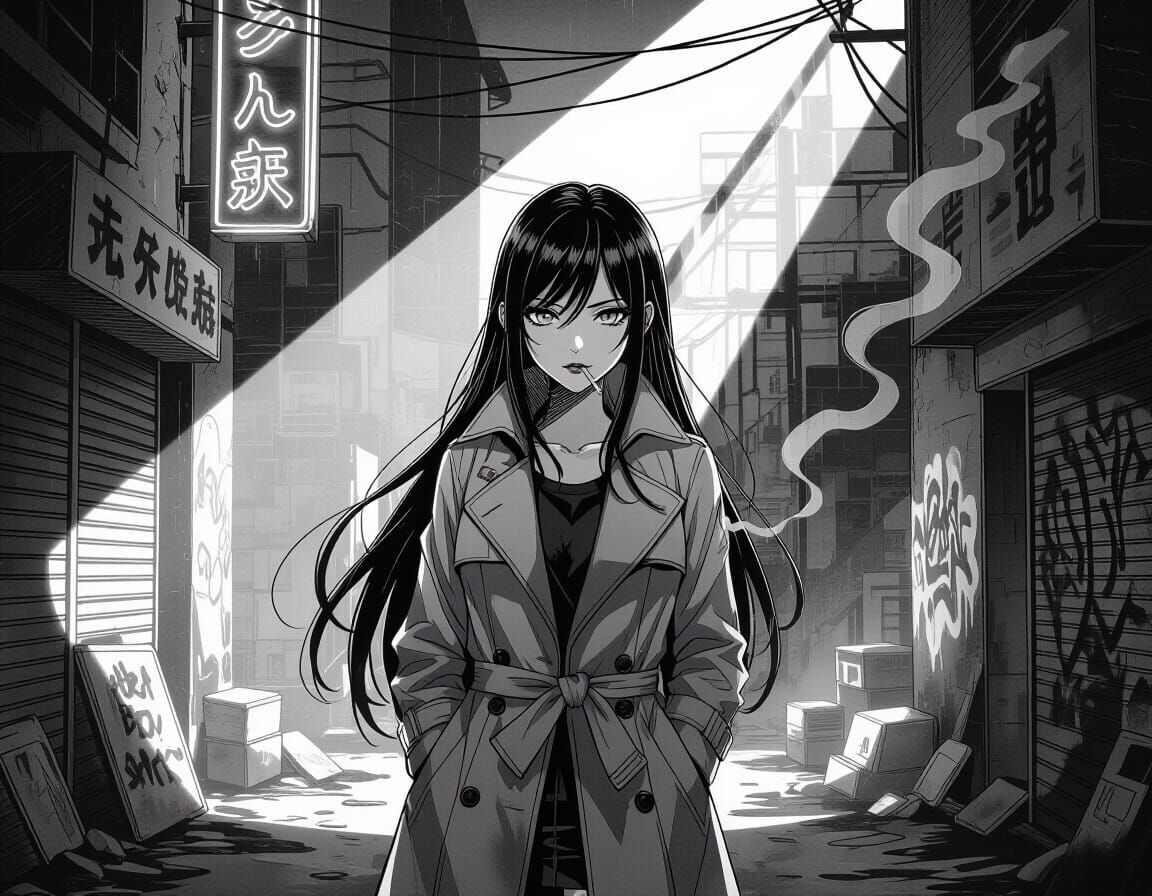Anime Waifu in Neon-Lit Urban Decay, Ink Drawing Style