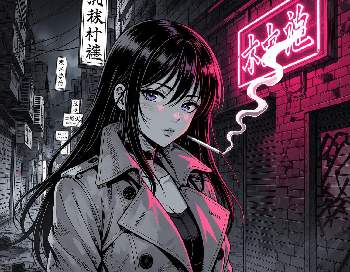 Anime Waifu in Neon-Lit Urban Noir Alley